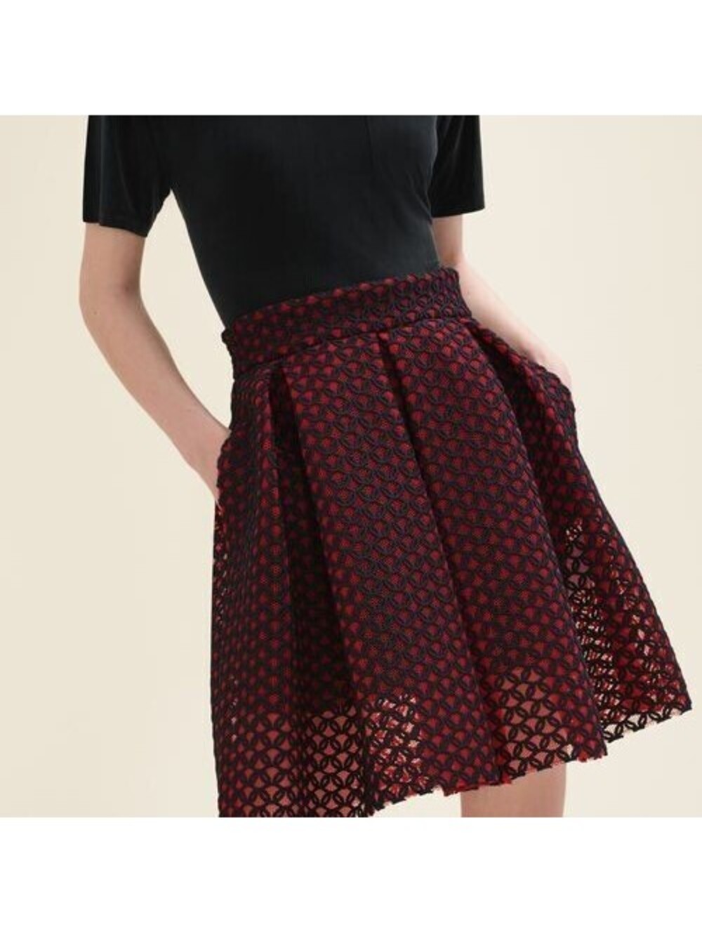 Maje Patineuse Jupe Patineuse Mini Puffy Skirt Pockets Size 3 Black Red
